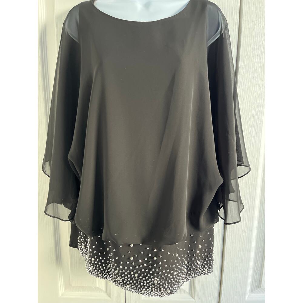 CB Established 1962 Black Chiffon Overlay Batwing Top 1X Plus Rhinestone Hem